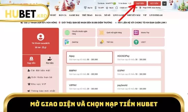 Nạp Tiền HUBET 2 Mở giao diện và chọn nạp tiền HUBET