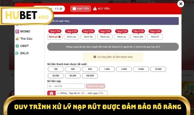 Điều Khoản Và Điều Kiện HUBET 2 Quy trình xử lý nạp rút được đảm bảo rõ ràng